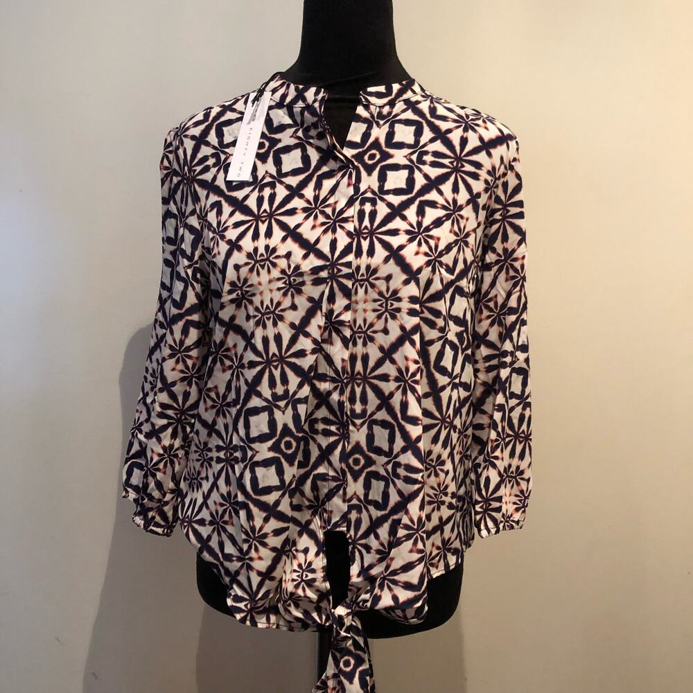 Three Eighty Two Women's Printed Tie-Front Blouse, 3/4 Sleeve, Size Small, NWT